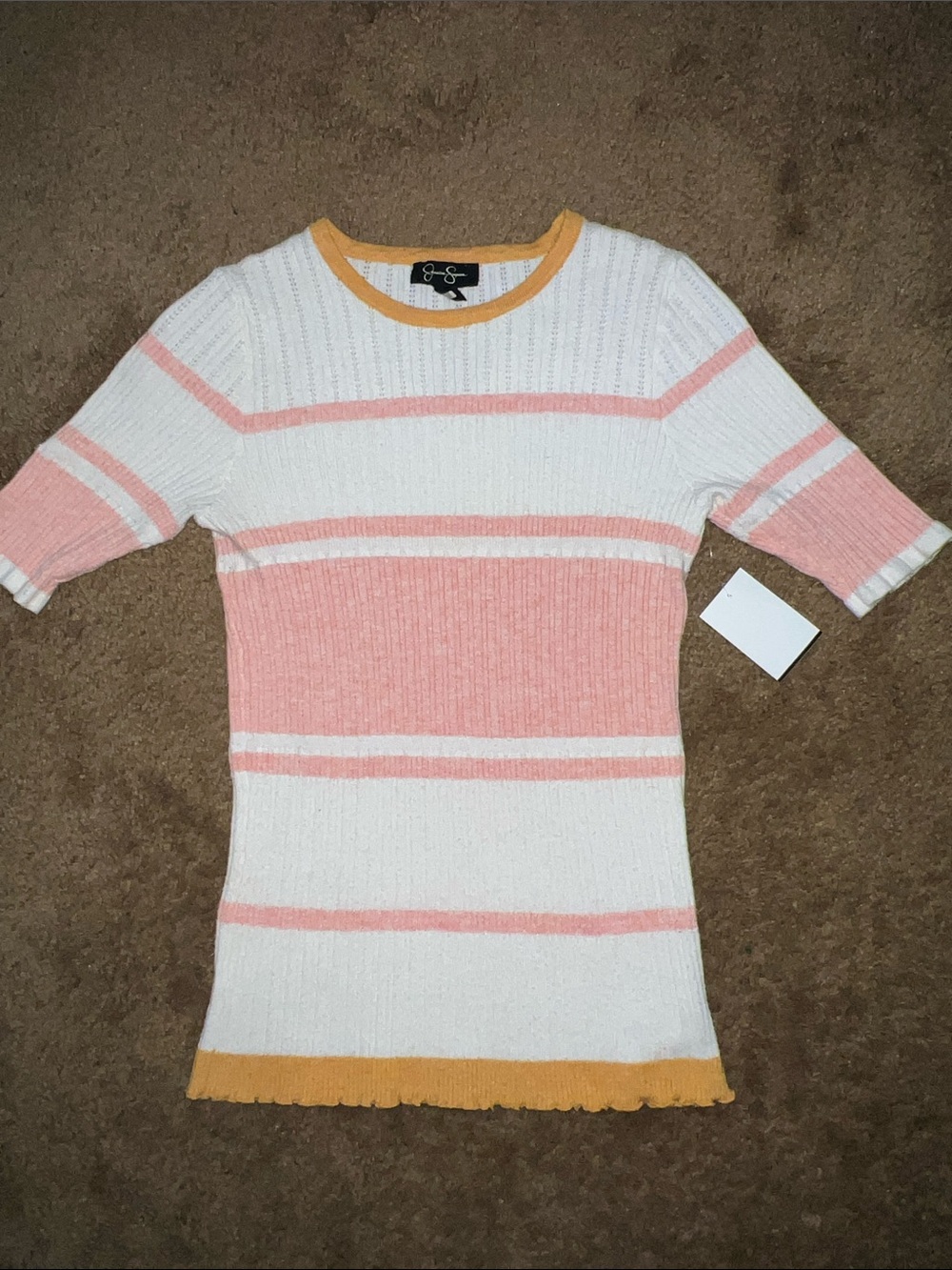 Jessica Simpson White Pink Striped Knit Top with Mustard Trim